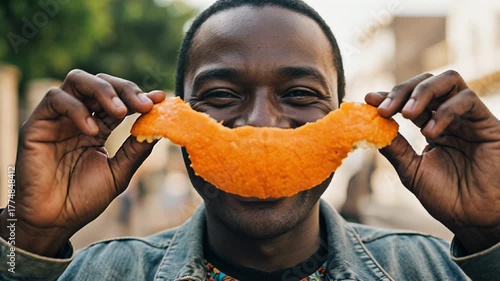 Joyful street moment with orange slice smile in vibrant urban setting