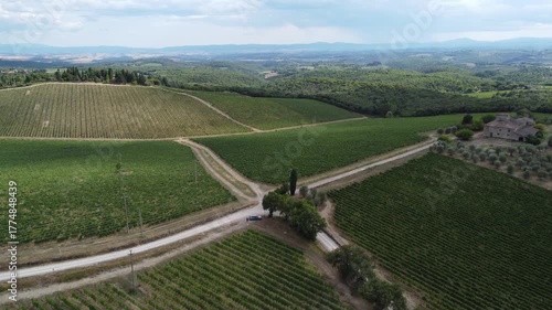 drone shot of vineyards in the chianti region, Italy
