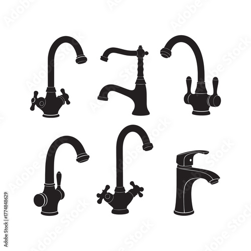 Selection of decorative water faucet silhouettes for bathroom and kitchen design