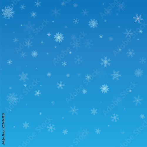 Blue winter background with falling snowflakes and soft gradient effect. Perfect seasonal Christmas backdrop for greeting cards, invitations, wrapping designs, posters, banners and holiday graphics.