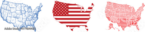 Three Stylized Maps of the USA: Blue Sketch, Flag Infill, Red Pattern United States America