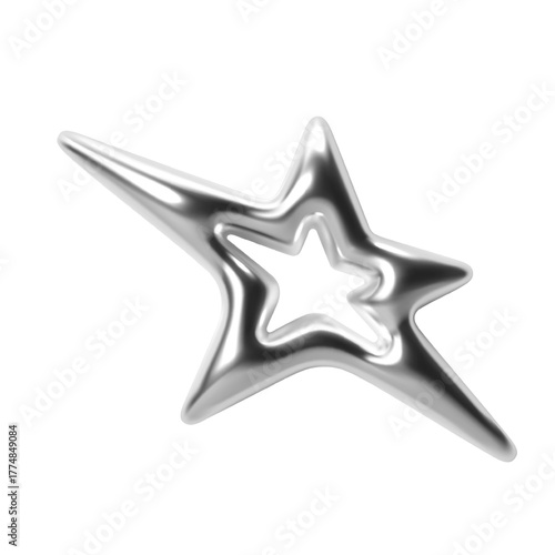 Futuristic Y2K 3d chrome metallic star with hollow center and sharp edges