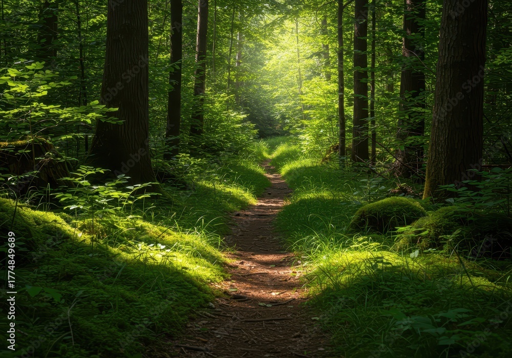 Fototapeta premium An inviting, sun-dappled forest path carving a fine line through lush summer foliage and vibrant green moss and towering trees ,ground ,scenic ,track