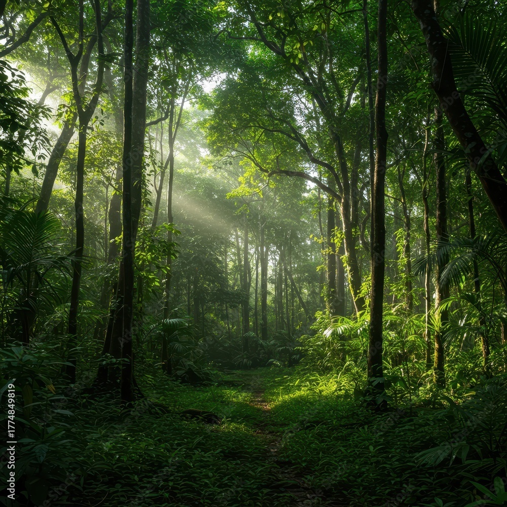 Naklejka premium Dense, vibrant jungle rainforest interior with thick undergrowth, tall trees, and sunlight streaming through the humid canopy layer ,landscape ,canopy ,undergrowth