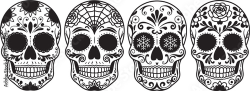 Sticker Mexican sugar skull, Dia de los Muertos icons set, Black and white mexican skull collection