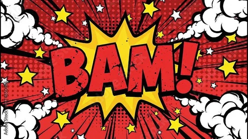 Red bam comic book explosion with yellow starburst and halftone background graphic illustration