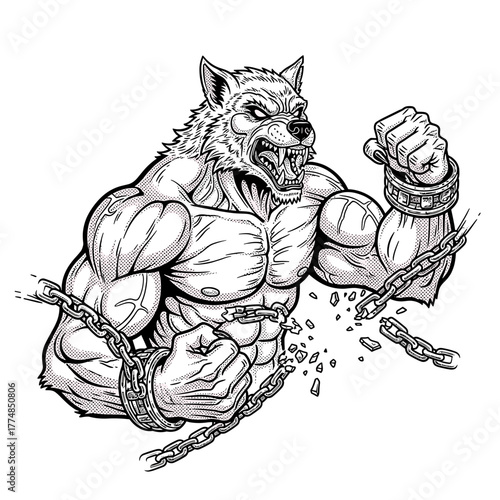 A muscular werewolf figure breaking chains, displaying strength and aggression.