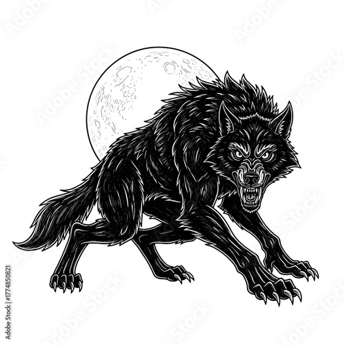 Illustration of a snarling wolf in a crouched position, with a full moon in the background.