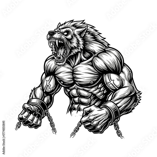 Muscular werewolf with broken chains, snarling with sharp teeth, in a black and white illustration.