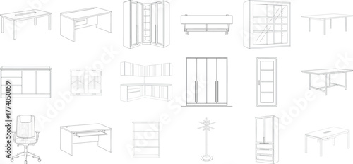 Collection of various architectural elements and furniture designs on a transparent background