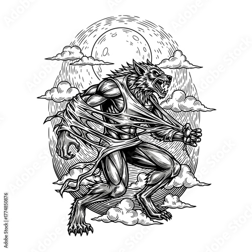 A werewolf transforms, ripping clothing, under a full moon, amidst clouds.