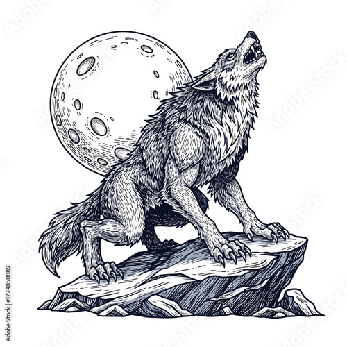 A howling wolf stands on a rock formation with a full moon in the background, rendered in a detailed, illustrative style.