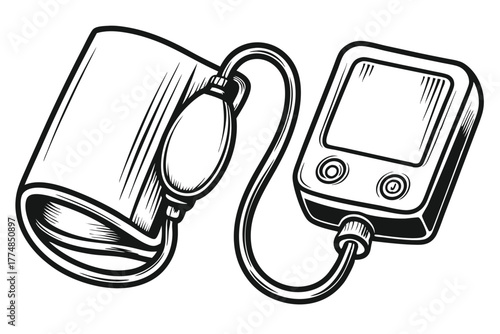 Monochrome shows a blood pressure monitor with a cuff and display screen