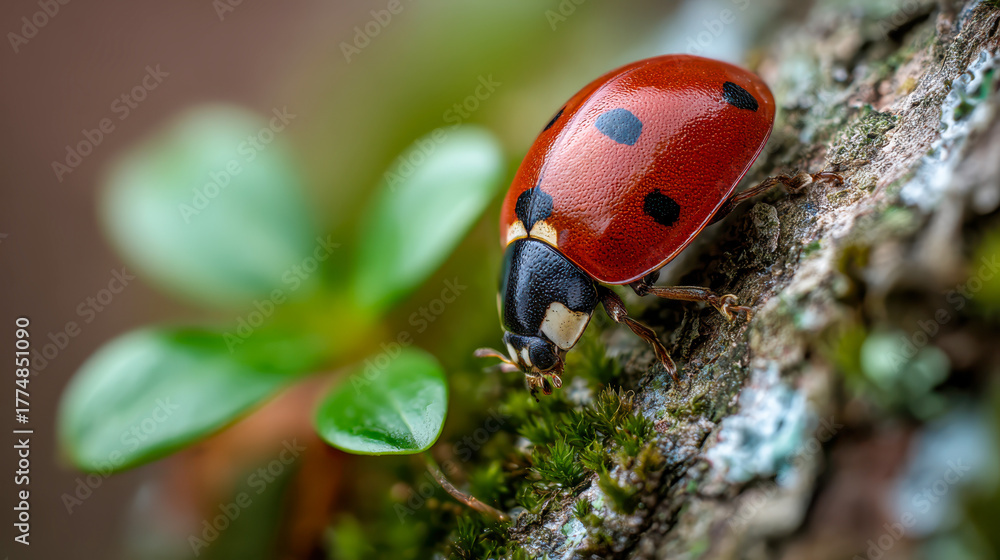 Fototapeta premium macro shot of a red ladybug with black spots crawling on moss-covered tree bark, surrounded by green leaves in a natural outdoor setting