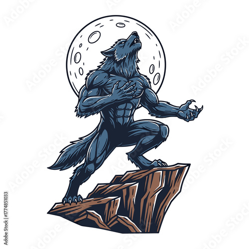 A muscular werewolf howling at the moon while perched on a rocky cliff.