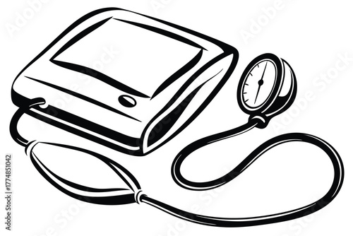 Stylized blood pressure monitor shows arterial health in a black and white toned vector