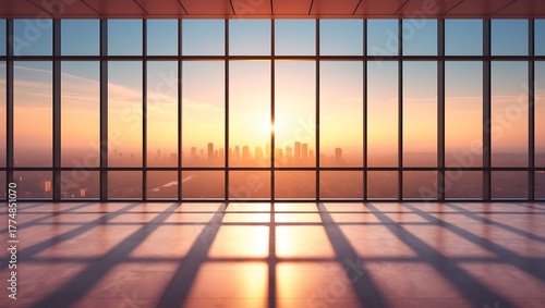 Modern office interior with large windows overlooking a city skyline at sunset casting long shadows on the floor