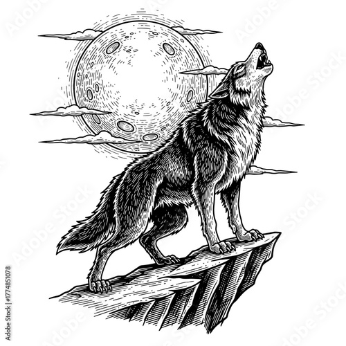 A wolf stands on a rocky outcrop, howling at the full moon, with clouds in the background.