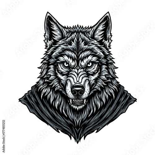 Detailed illustration of a fierce wolf's head, showing sharp teeth and intense gaze.