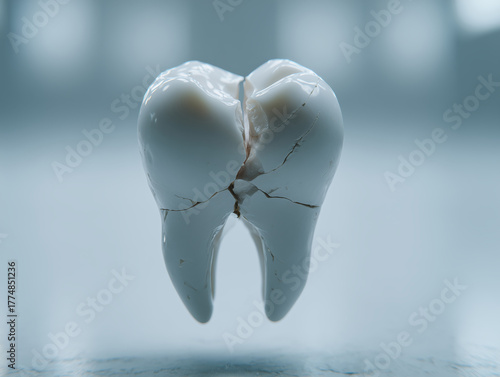 suspended molar tooth with extensive surface cracks is shown against a sterile, clinical background, emphasizing dental trauma and the need for professional care