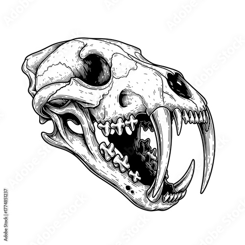 Detailed illustration of a saber-toothed tiger skull, showcasing its skeletal structure.