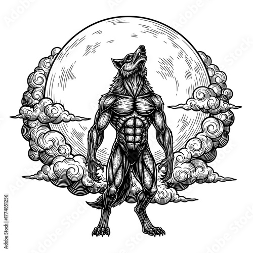 Werewolf howling at the moon, surrounded by clouds, in a detailed black and white illustration.