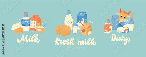 Dairy products decorated with lettering quotes for products' packaging, banners, signs, logos, prints, postrers, stickers, etc. EPS 10
