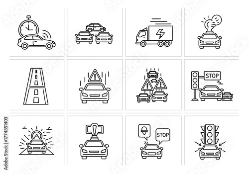 Autonomous Driving and Smart Transportation System Line Icons Set.