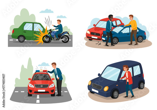 Car accident scenes with people and vehicles involved in collisions and discussions.