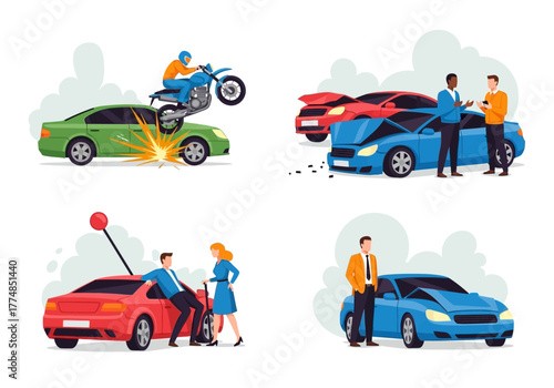 Car accidents and insurance claims with damaged vehicles and people.