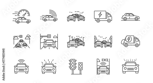 Collection of Autonomous Vehicle and Smart Transportation Icons.
