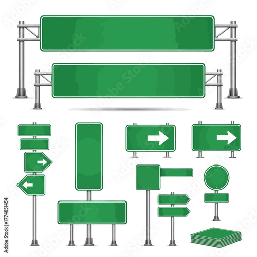 Collection of blank green road signs and highway gantries.