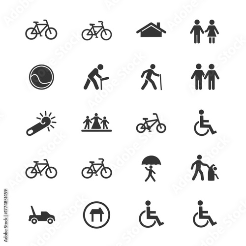 Collection of diverse black and white silhouette icons representing various activities and people.