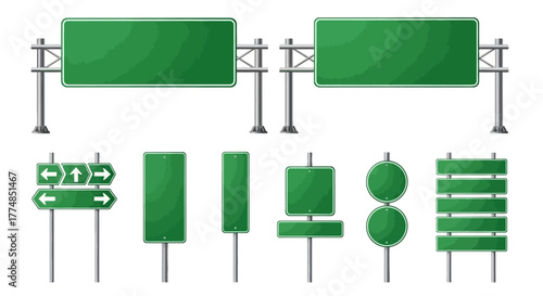 Collection of Blank Green Road Signs and Highway Overpass Signs.