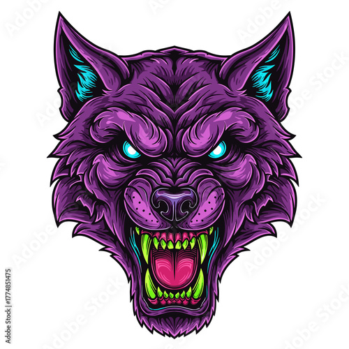 A stylized, detailed illustration of a snarling wolf's head, showing aggression.