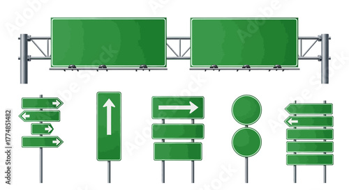 Collection of Green Road Signs and Highway Overpass Signs.