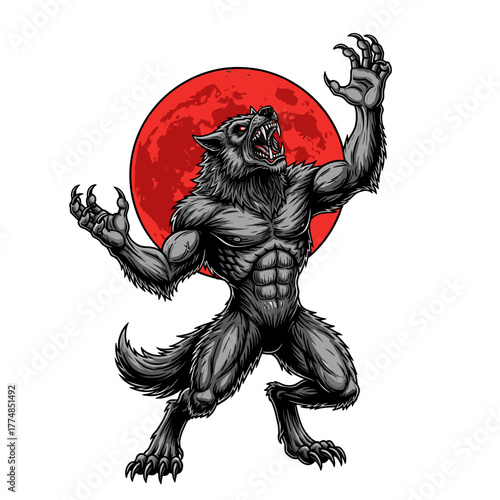 A menacing werewolf stands before a crimson moon, claws raised in a threatening pose.