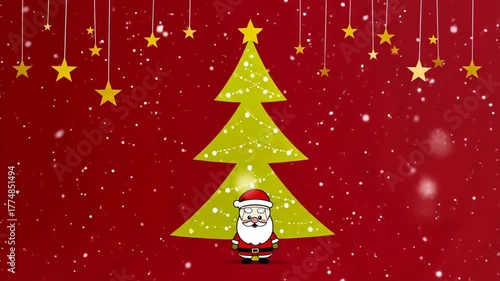 Cartoon Santa Claus stands before a glowing yellow Christmas tree with falling snow on a red background