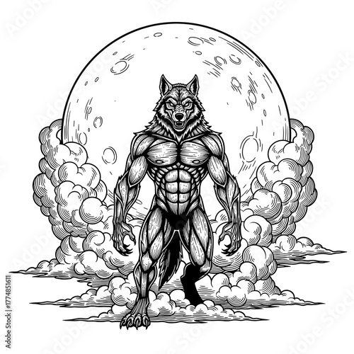 A muscular werewolf stands menacingly before a full moon and clouds.