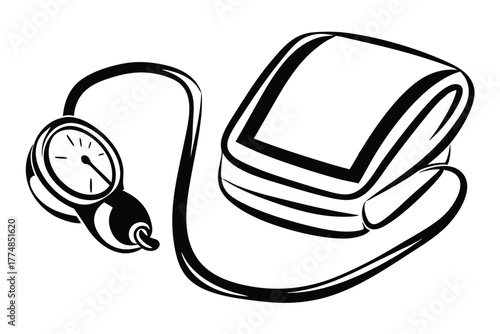 Stylized blood pressure monitor drawing shows cuff connected to gauge with tubing and pump