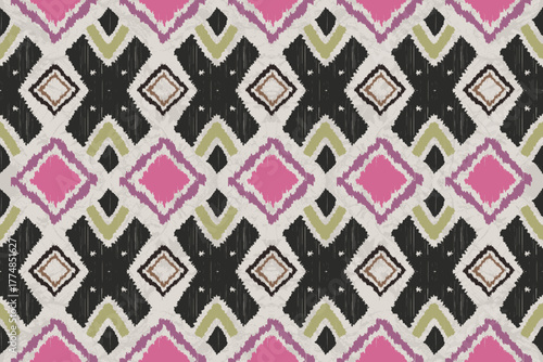 Colorful Geometric Ethnic Ikat Pattern with Pink, Olive, and Black Diamond Shapes. Traditional weaving aesthetics. perfect for fashion fabrics, home décor, wallpaper, wrapping paper, or backgrounds.