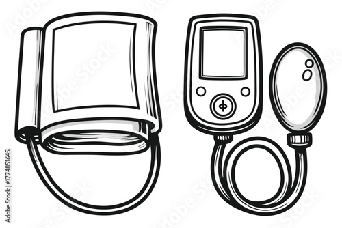 Sphygmomanometer with digital display and inflatable bulb presented in a vintage outline style