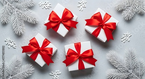 Wallpaper Mural Elegant Christmas presents with vibrant red ribbons arranged on a festive grey background for holiday promotions and seasonal marketing campaigns Torontodigital.ca