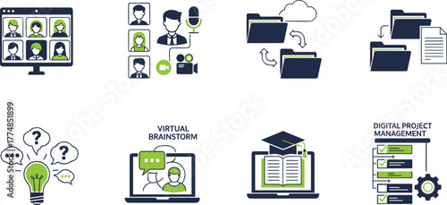Digital Collaboration and Remote Office Vector Icon Set: Video Conference, File Sharing, and Online Learning