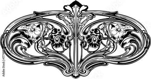 Elegant Art Nouveau floral flourish design element for vintage invitations, decorative borders, and classic graphic projects with timeless appeal