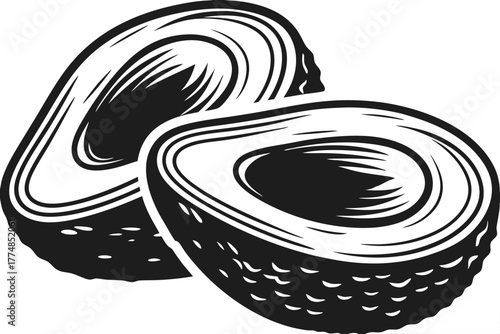 Sliced monochrome avocado halves showcasing detailed texture and composition create a bold, natural food element
