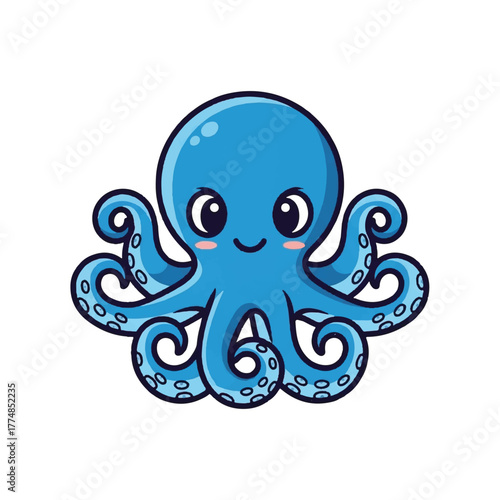 A smiling cartoon octopus with curled tentacles viewed from the front in a playful illustration