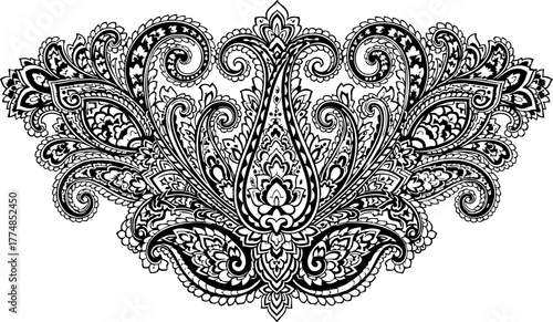 Intricate black paisley flourish design evoking elegance and traditional artistry for sophisticated decorative accents and textile patterns