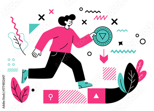 Minimalist Flat Vector Illustration of Person Advancing Through Levels