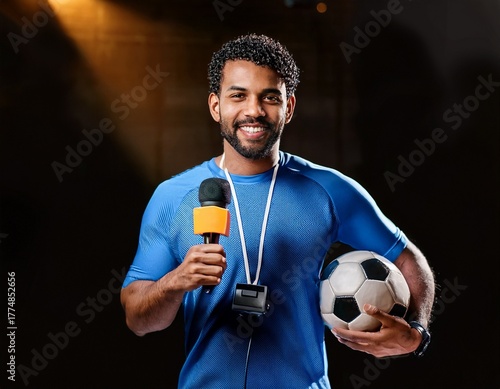 Smiling Soccer Reporter Ready to Deliver News with Microphone and Ball in Hand, Against Dark Backdrop
